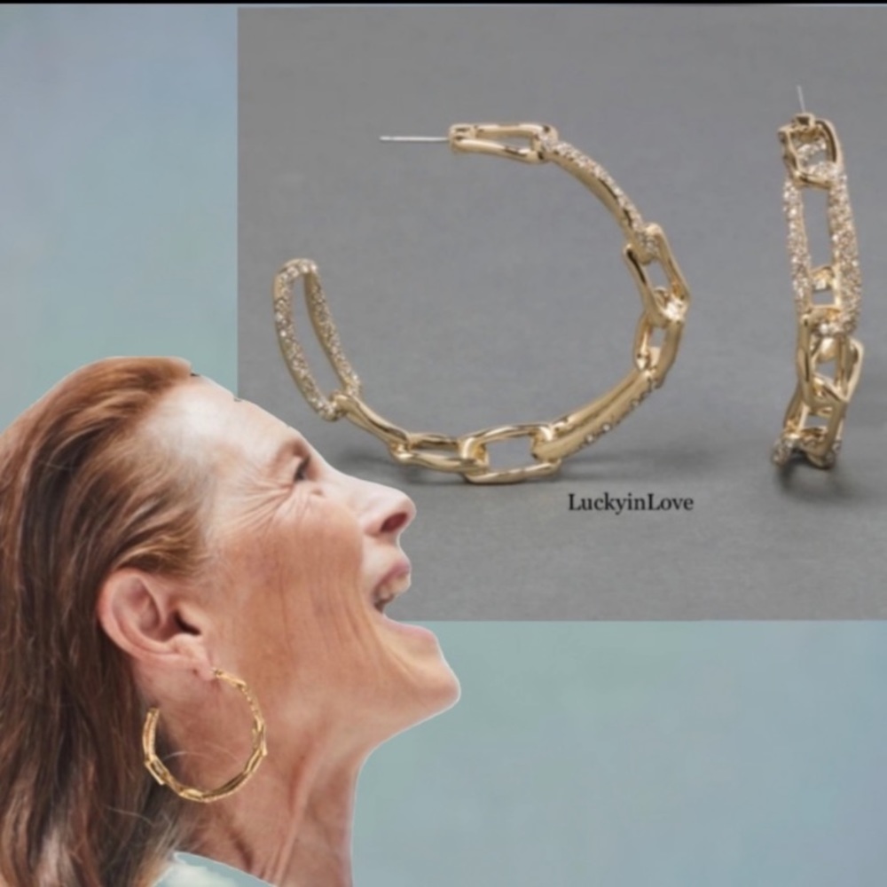 ALEXIS BITTAR NEW Gold Textured Crystal Custom Sculpted Chain Link Hoop Earrings - Picture 1 of 15